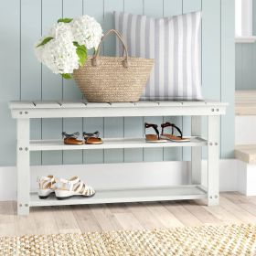 White Slatted Wood 2-Shelf Shoe Storage Bench Entryway Seat