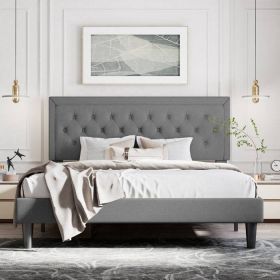 Full Linen Upholstered Platform Bed Tufted