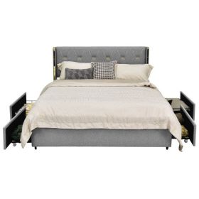 Full Grey Linen Platform Bed with 4 Storage Drawers