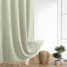 72x72 Green Cotton Linen Blend Shower Curtain with Boho Tassels