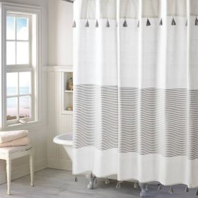 72x72 Grey White Striped Cotton Shower Curtain with Tassels