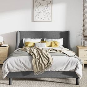 Grey Linen Wingback Queen Platform Bed Frame
