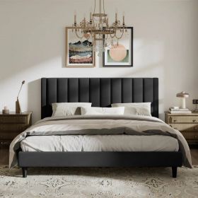 King Black Velvet Upholstered Platform Bed with Headboard