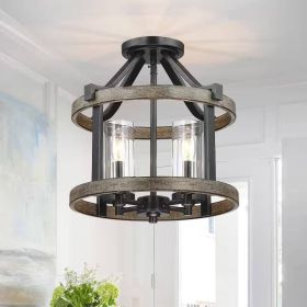 Rustic Wood Metal Farmhouse 2-Light Ceiling Fixture