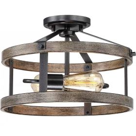Rustic Wood Metal 2-Light Farmhouse Ceiling Lamp