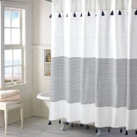 72x72 Navy White Striped Cotton Shower Curtain with Tassels