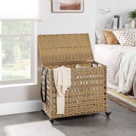 Tan Rattan 3-Compartment Rolling Laundry Sorter Cart