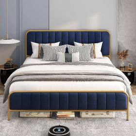 Queen Gold Metal Bed Frame with Navy Velvet Headboard