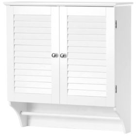 White Bathroom Wall Cabinet with Louver Doors & Towel Bar