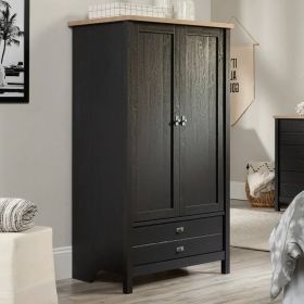 Black Oak Armoire Wardrobe with Drawer Storage