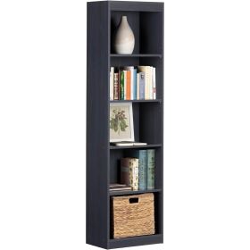 Slim 5-Shelf Narrow Bookcase in Dark Blue Black Wood