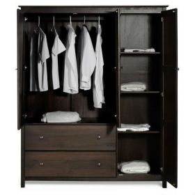 Espresso Solid Pine Wardrobe Armoire with Shelves & Drawers