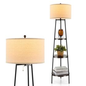 Modern 3-Tier Shelf Floor Lamp with Linen Drum Shade – Black Metal