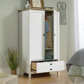 White Farmhouse Armoire Wardrobe with Drawer Storage