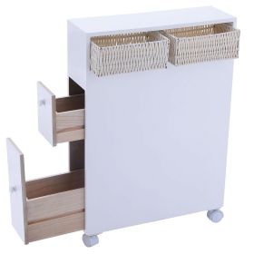 Slim White Bathroom Floor Cabinet with Baskets & Casters