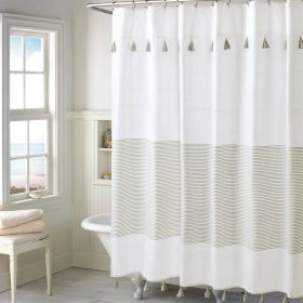 72x72 Taupe Tan White Striped Cotton Shower Curtain with Tassels