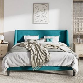 Turquoise Linen Wingback Platform Bed Frame – King
