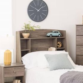 Twin Modern Bookcase Headboard with Storage in Grey Brown
