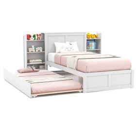 White Twin Platform Bed with Trundle & Storage Bookcase