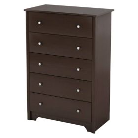 Dark Brown Wood 5-Drawer Bedroom Chest with Metal Knobs