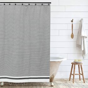 72x72 White Black Cotton Stripe Shower Curtain with Tassels