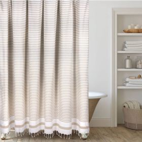 72x72 Beige White Cotton Stripe Shower Curtain with Tassels
