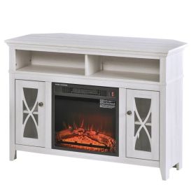 Rustic White Electric Fireplace TV Stand with Mantel & Storage