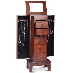 Medium Brown Wood Jewelry Armoire with Mirror Storage