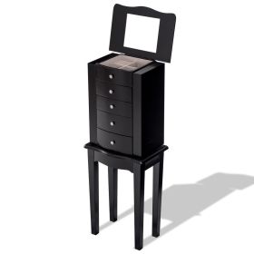 Black Wood 5-Drawer Jewelry Chest with Mirror Storage