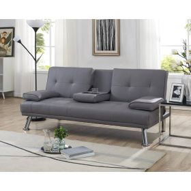 Gray Faux Leather Futon Sofa Bed with Cup Holders