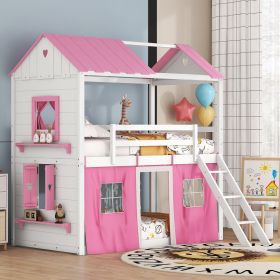 Twin Playhouse Bunk Bed with Slide and Storage Windows