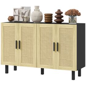 HOMCOM Boho Kitchen Cabinet, Buffet Cabinet with 4 Rattan Doors and Adjustable Shelves for Dining Room, Black and Natural